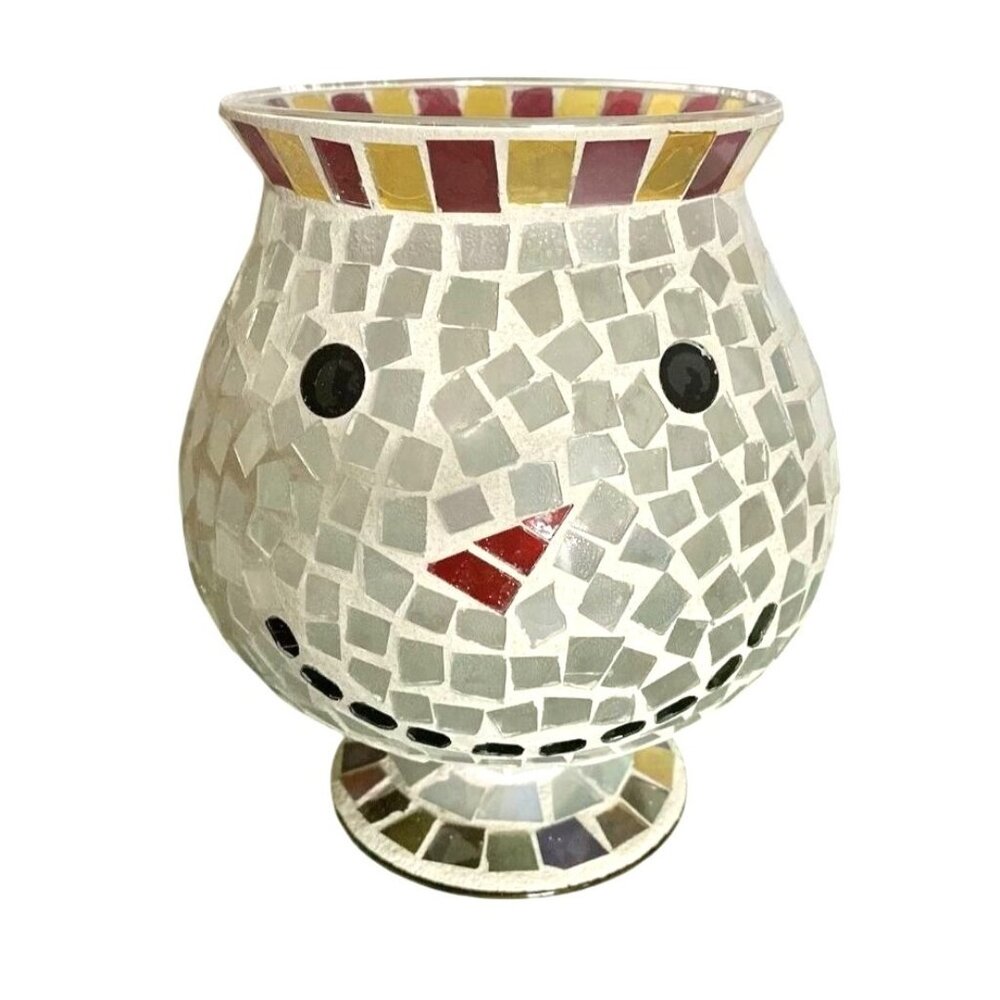 Vintage Whimsical Mosaic Snowman Hurricane Colored Glass Candle Holder